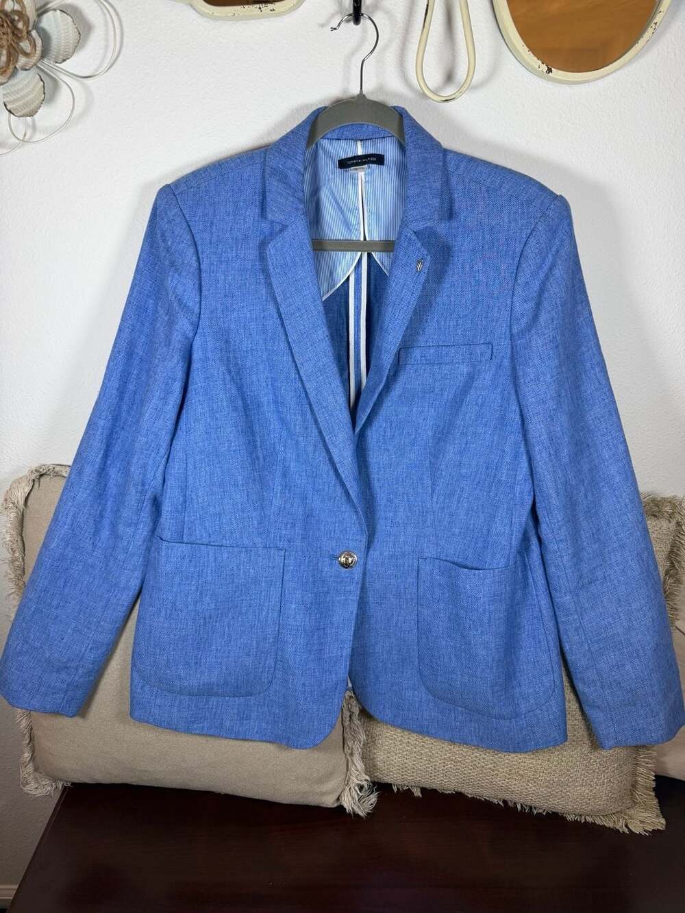Tommy Hilfiger Blazer Size 16 Blue Linen Elbow Patches Gold Buttons